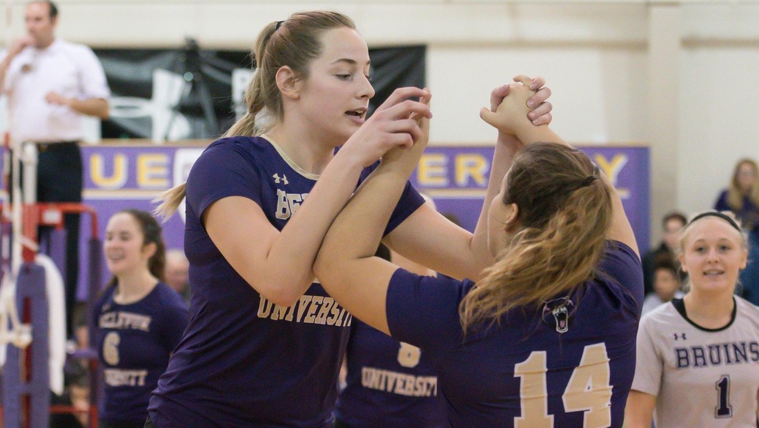 Shayla Scanlan (left) led Bellevue with 11 kills in Friday evening's Top 25 matchup against Viterbo.